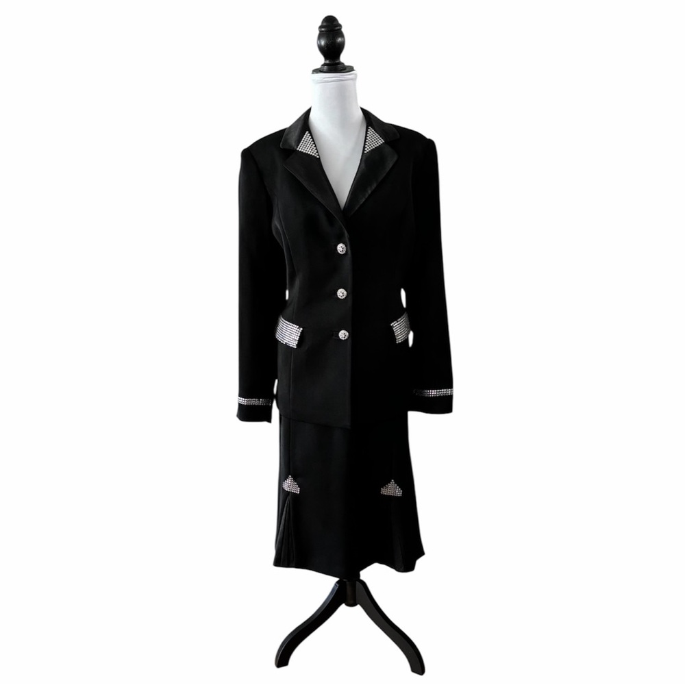 Milano Black 3pc Skirt and Pant Suit w/Rhinestones Size 14